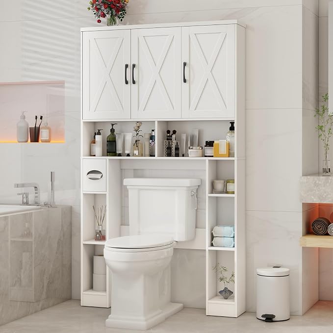 Over The Toilet Storage Cabinet, Farmhouse Toilet Cabinet Rack with 3 Barn Doors, Space Saving Bathroom Organizer with Shelves, Toilet Paper Holder and Towel Rack for Bathroom,Restroom,Laundry, White