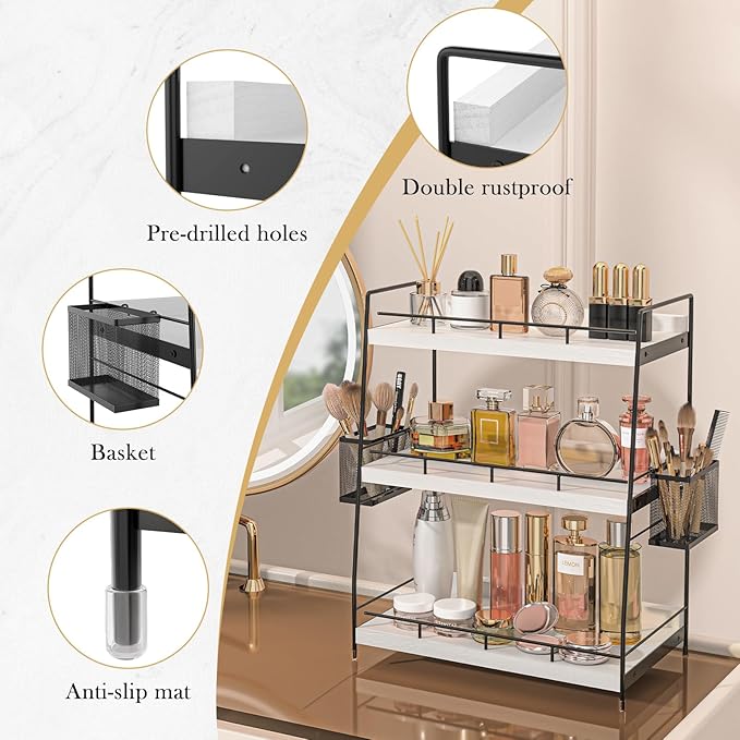 Bathroom Counter Organizer,Bathroom Countertop Organizer with Baskets,Vanity Organizers,Counter Shelf,Countertop Storage, Makeup Organizers(White)