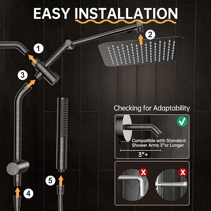 Veken All Metal 10" Oil Rubbed Bronze Shower Head with Handheld, Luxurious Square Double Rain Shower Heads with Power-wash Hand Held, Dual High Pressure Detachable Rainfall Showerhead,Bathroom Upgrade