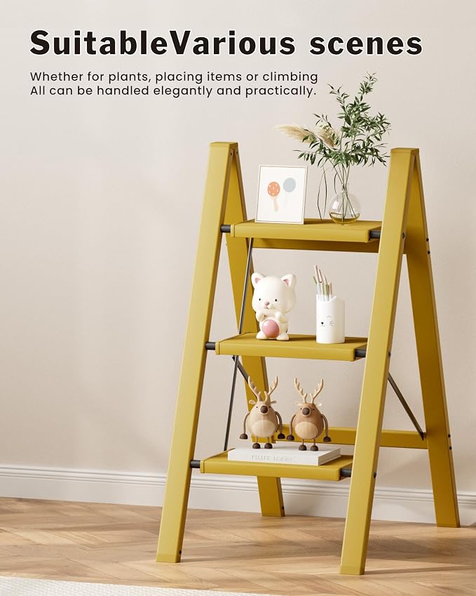 3 Step Ladder, Aluminum Lightweight Folding 3 Step Stool with Anti-Slip Wide Pedal, 330lbs Capacity Ladder for Household,Library,Office(Soft Dusk Yellow)