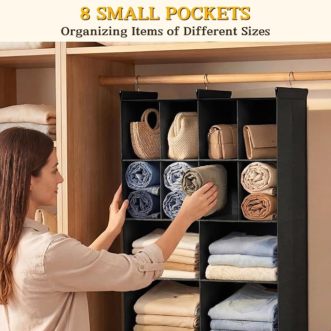 Ofiray-home 4 Tier Hanging Closet Organizer, 12 Compartments Sweater Organizer for Closet with 3 Sturdy Hooks, Closet Organizers and Storage, Wardrobe, Rv, Garment Rack, Black