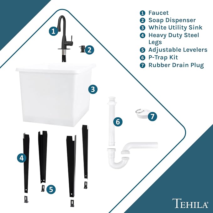 White Space Saver Utility Sink by JS Jackson Supplies, Freestanding Tehila Space Saving Laundry Tub, Black Pull-Down Faucet, Soap Dispenser