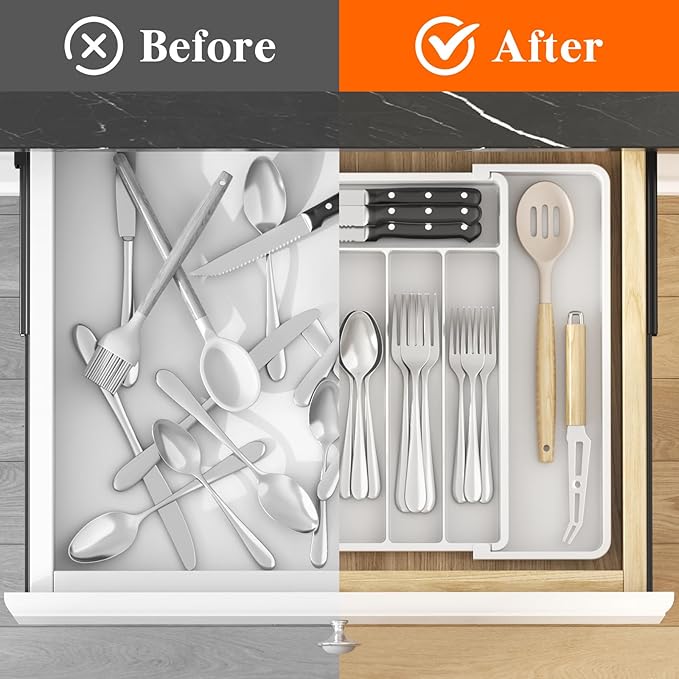 Lifewit Silverware Drawer Organizer, Expandable Utensil Tray for Kitchen, BPA Free Flatware and Cutlery Holder, Adjustable Plastic Storage for Spoons Forks Knives, 10.9"-17.5" x 13.7", White