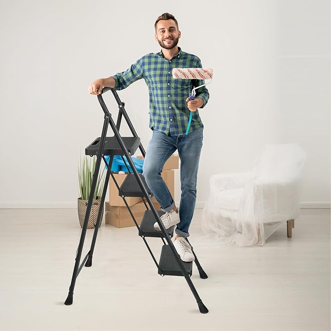 Arbusb Step Ladder, Folding Step Stool with Wide Anti-Slip Pedals, Sturdy Steel Ladder with Handrail, Space-Saving, Portable for Home & Adults, 4 Step Ladder