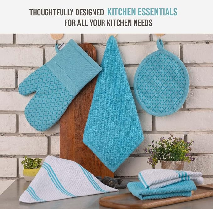 Lane Linen 16Pc Kitchen Towel Set - Heat Resistant Oven Mitts & Pot Holders, Reusable Dish Cloths, Absorbent Hand Towels - Aqua