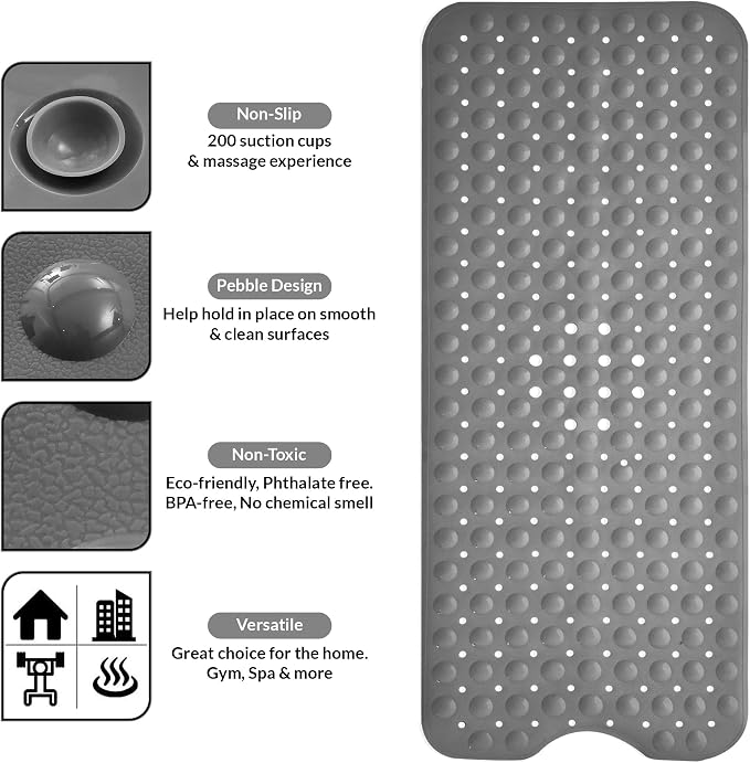 LUX Décor Non-Slip Bathtub Mat, Extra Large 40x16 Inches – Anti-Slip Safety Shower Mat with Suction Cups & Drain Holes – Machine Washable Bath Mat – Grey