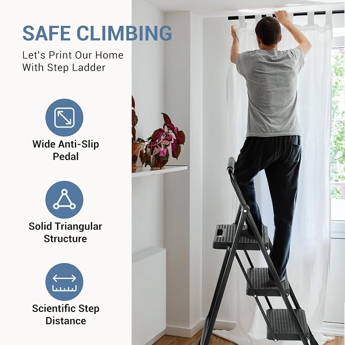 DUMOS 3 Step Ladder, Sturdy Step Stool with Anti-Slip Pedal & Comfortable Handrail, Portable Heavy Duty Step Stool for Kitchen, Garage & Outdoor Use, 800lbs, Black