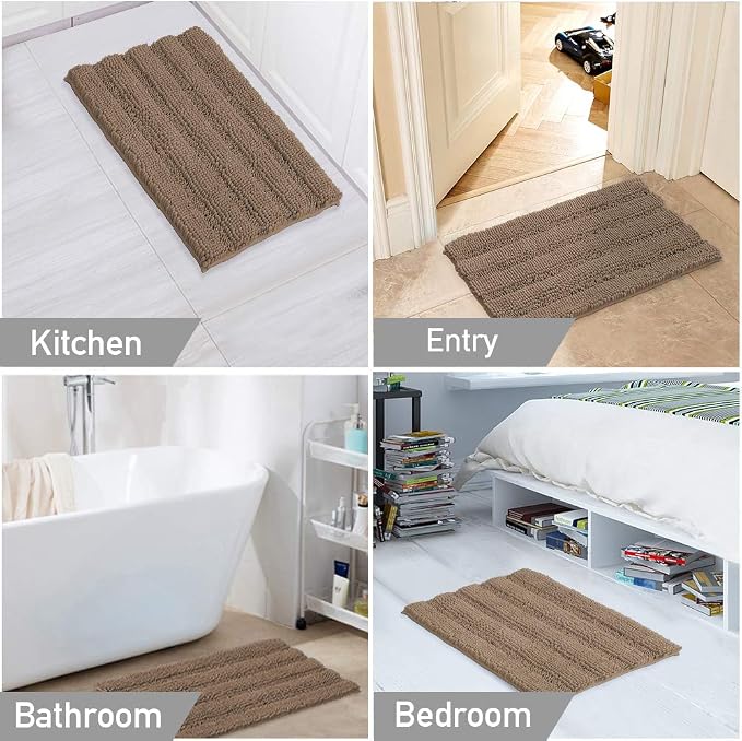 Turquoize Chenille Bath Rugs Shaggy Bathroom Rugs Non Slip Bath Rugs for Bathroom 20 x 32 and 17 x 24 Taupe Brown Bath Rug Extra Soft and Absorbent Area Rug, (20" x 32" and 17" x 24"), Taupe Brown