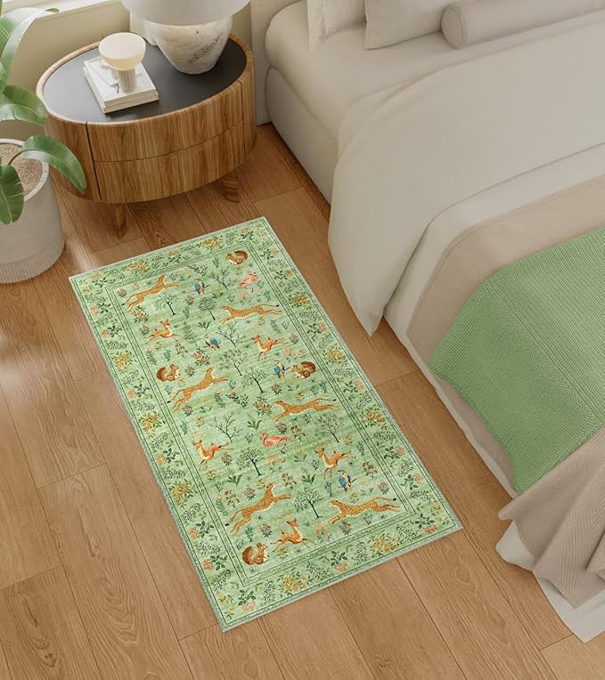 DUKINO 2x4 Rug for Hallway, Washable Kitchen Runner Rug with Non Slip Backing, Soft Low Pile Vintage Animal Runner for Bedroom, Kitchen, Hallway, Entryway, Laundry, Light Green