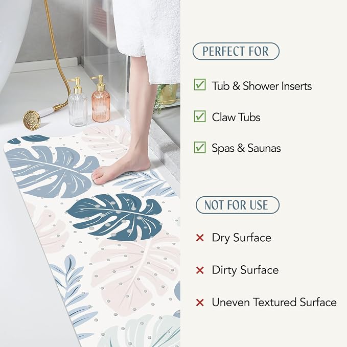 SHUCHING Blue Bath Mat for Tub Non Slip-40 X 16 Inch, Boho Leaf Non Slip Bathtub Mat for Elderly Mold Free, Long Shower Mat for Inside Shower, Machine Washable