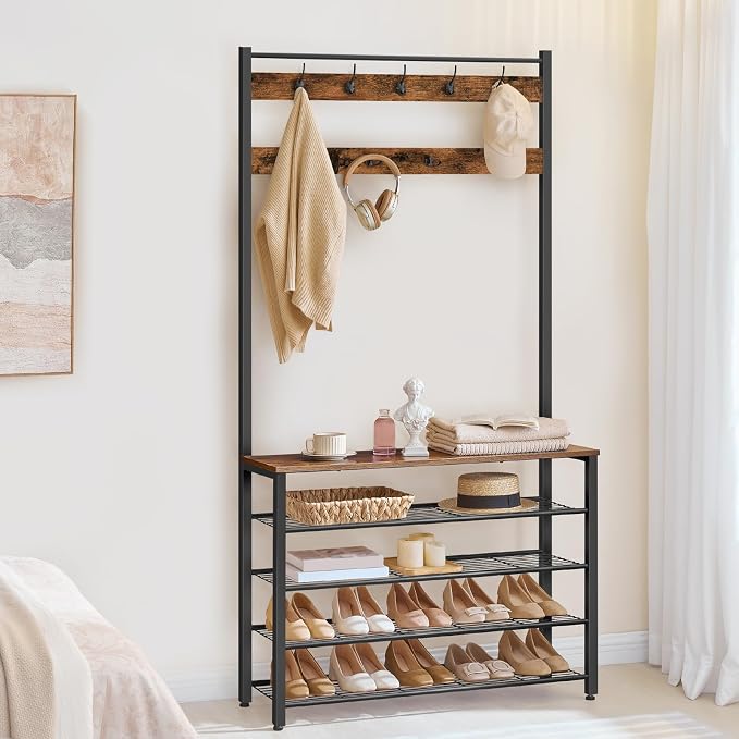 HOOBRO Hall Tree, Coat Rack with Shoe Rack, 39.4” Hall Tree with Bench, 5 Tier Shoe Storage Organizer with 9 Hooks for Entryway, Closet, Sturdy, Industrial, Rustic Brown and Black BF801MT01