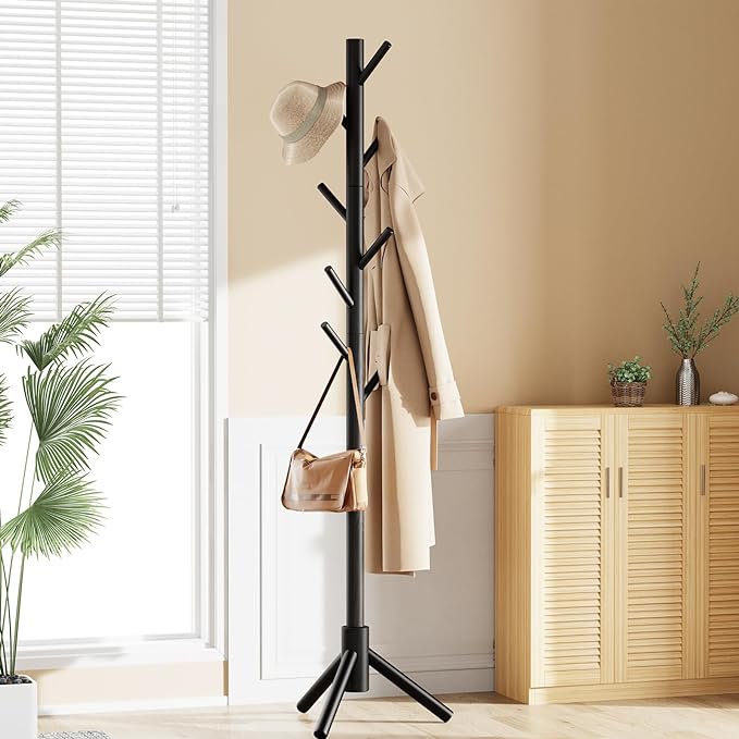 Pipishell Solid Wooden Coat Rack Freestanding, Hall Tree with 8 Hooks, 3 Height Options for Coats, Hats, Handbags, and Scarves, Tool-Free Assembly, Space Saving Design for Entryway, Office, Bedroom