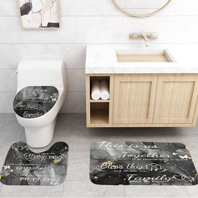 4Pcs Family Marble Shower Curtain Set,Dark Grey Home Inspirational Bathroom Sets with Shower Curtain and Rugs, Bathroom Decor Set,Waterproof Bathroom Curtains Shower Set,with 12 Pcs Hooks