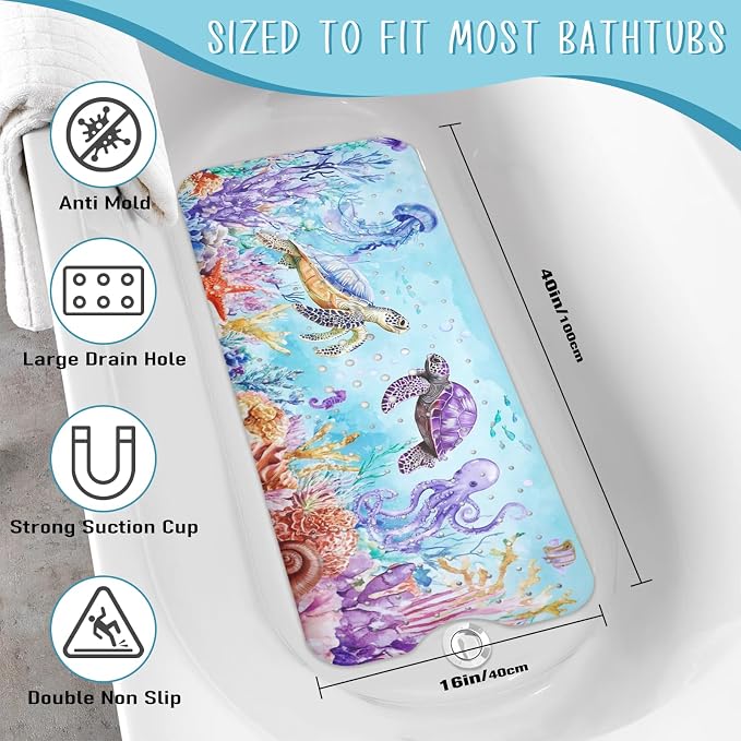 Ocean Animals Bathtub Mat Non Slip, Sea Turtle Baby Bath Mat for Tub Rubber Tub Mat, Cute Toddler Kids Bath Mats for Bathroom Anti Slip Shower Mat with Suction and Drain Holes Machine Washable,40″x16″