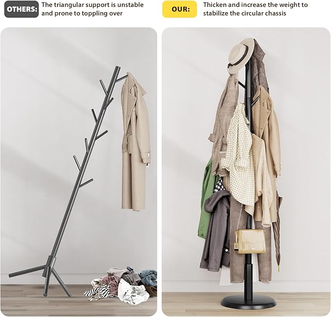 Taitiy Solid Wood Coat Rack Freestanding Coat Tree with 10 Hooks for Bedroom, Livingroom, Entryway, Sturdy Coat Hanger Stand for Hats, Coats, Scarves, Handbags, Purses