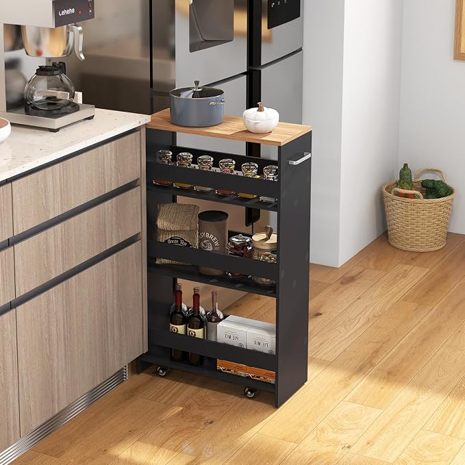 Giantex 4 Tier Rolling Slim Storage Cart, 8" Narrow Slide Out Kitchen Cart w/Handle & Open Shelves, Space-Saving Compact Mobile Utility Trolley for Small Space Laundry Room (Black & Natural)