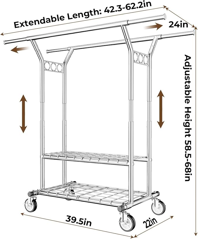 HYSEYY Heavy Duty Clothes Rack, Rolling Clothing Rack With Shelves Load 620 LBS, Double Rod Clothing Racks for Hanging Clothes, Portable& Adjustable Clothes Rack with Wheels Garment Rack
