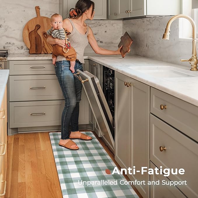 FRESHMINT Modern Farmhouse Plaid 2 Piece Set Kitchen Mats for Floor Anti Fatigue Waterproof & Non-Skid Kitchen Rugs Cushioned Kitchen Mat for Standing Washable Comfort Desk Kitchen Runners