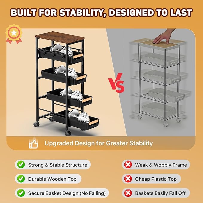 SUNALLY Slim Storage Cart with Pull-Out Baskets, 5-Tier Rolling Kitchen Cart with Wooden Top & Lockable Wheels, Narrow Space Utility Cart Organizer for Kitchen, Bathroom, Laundry Room, Black