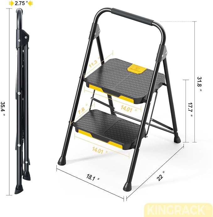 KINGRACK 2 Step Ladder, Sturdy Steel Step Stool with Safe-Lock Design, Handrail, Anti-Slip Wide Pedals, Pass 800lbs Load Testing, Folding Portable Ladder for Multi-Purpose, Home, Kitchen, Black