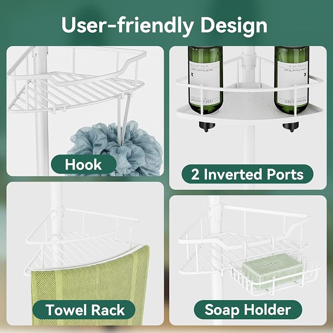 Corner Shower Caddy Tension Pole, 4 Tier Rustproof Shower Tension Rod Organizer, Adjustable 25-125 Inch Bathroom Shower Organizer Shelves for Bathtub Shampoo Storage, White