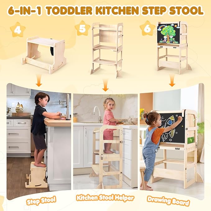 Woodure 6 in-1 Toddler Kitchen Step Stool with Wooden Stool, Foldable Learning Standing Tower with Blackboard & Feeding Tray, Wooden Kitchen Stool Helper for Kids, 1-3 Year Old Boy Girl Gifts