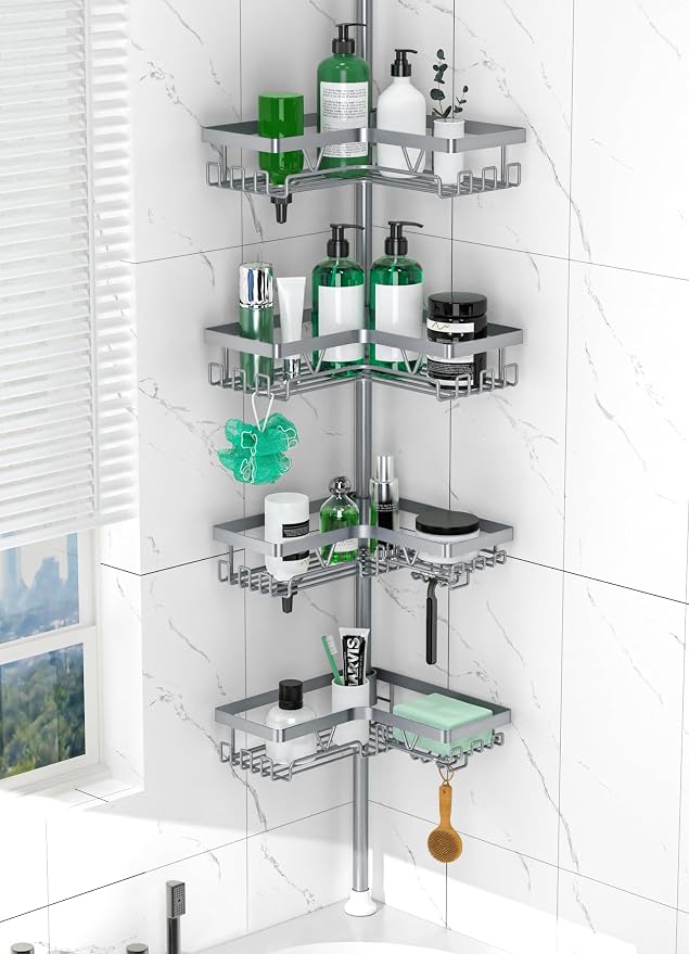 DAOYA Corner Shower Caddy Tension Pole, 4-Tier Rustproof Adjustable Bathroom Organizer for Renters, 25–114.2 Inch for Bathtub Shampoo Storage, Light Gray