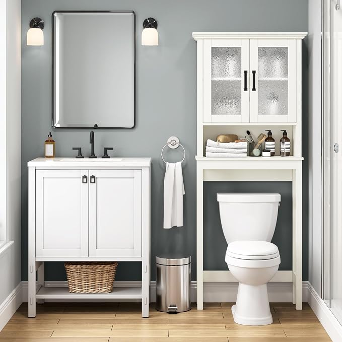 Over The Toilet Storage Cabinet, Over Toilet Bathroom Organizer with Doors and Adjustable Shelf, Thicken Frame Above Toilet Storage Cabinet Behind Toilet Bathroom Organizer, Cream White