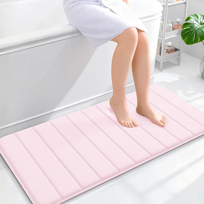 OLANLY Memory Foam Long Bathroom Rugs Runner 44x20, Super Soft Absorbent Bath Mat, Quick Dry, Machine Washable Shower Floor Rugs, Bathmat Carpet, Bathroom Home Decor Accessories, Pink