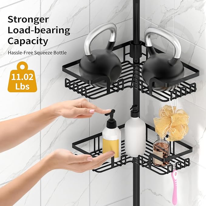 KEGII Adjustable Shower Caddy Corner Tension Pole, Rustproof Shower Rod Organizer with Hooks, Floor to Ceiling Tension Rod 25-114.2 Inch, Bathtub Storage Organizer for Shampoo, 4-Tier Black
