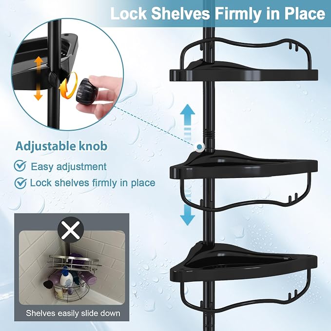 Corner Shower Caddy Tension Pole, Rustproof Bathtub Storage Organizer with 4 Adjustable Shelves, Bathroom Shower Rack Shampoo Holders for Inside Shower, 40"-120" Floor to Ceiling Shower Caddy Black