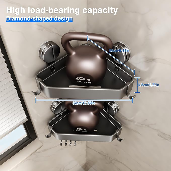 Mustorn Suction Cup Shower Caddy Corner, 2 Pack Suction Corner Shower Shelves No Drilling, Rustproof Shower Organizer Suction Cup with Towel Holder & Hooks Removable Bathroom Storage Rack(Gray)