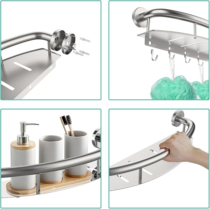 Brushed Nickel 18-inch Safety Grab Bar with Storage Shelf for Bathtub or Shower, Drainage Holes, Stainless Steel, Wall Mounted Grab Bars for Elderly Injured Balance Support
