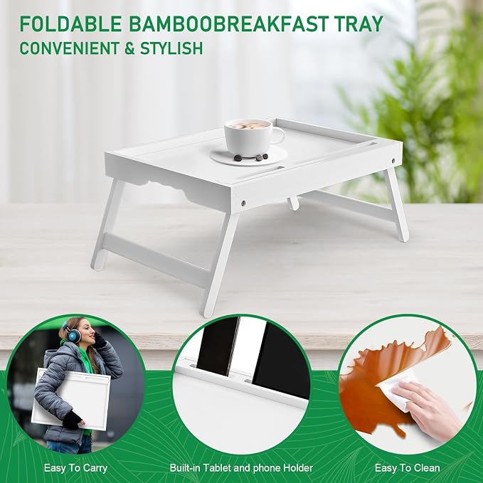 Artmeer Bed Tray Table with Folding Legs, Bamboo Breakfast Food Tray with Media Slot, Use As Platter, Laptop Desk, Snack, TV Tray Kitchen Serving Tray (White Extra-Large Size)