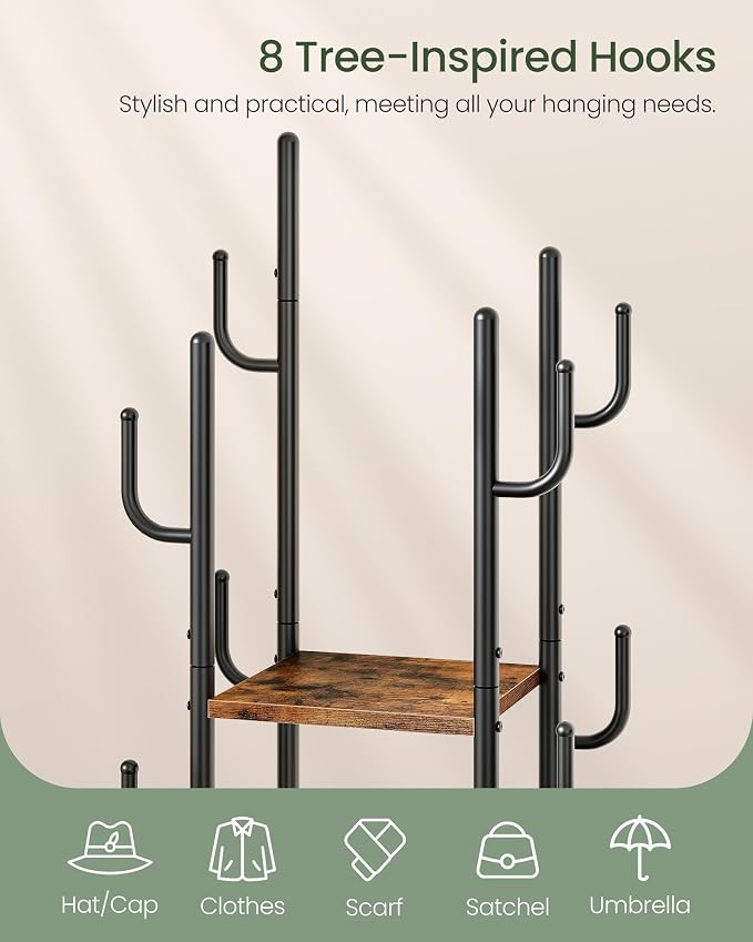 CHOEZON Coat Rack Freestanding, Coat Rack with 3 Shelves, 8 Hooks and 1 Fabric Pouch, Square Coat Hanger Stand, Metal Clothes Tree for Living Room, Bedroom, Entryway, Rustic Brown and Black TYM03BF