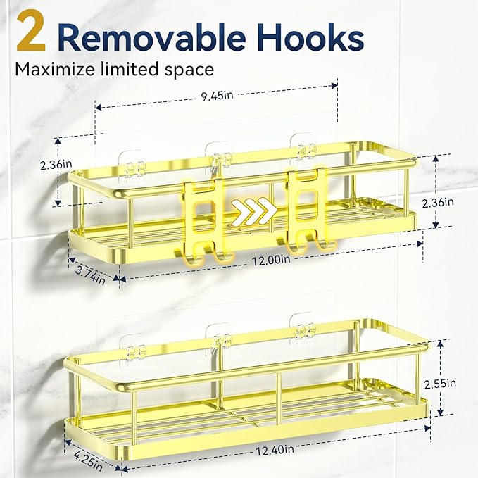 YASONIC Shower Caddy Adhesive, Rustproof Shower Organizer, Large Capacity Shower Shelves for Inside Shower, No Drilling Bathroom Organizers and Storage for Home Decor （2 Pack Gold）