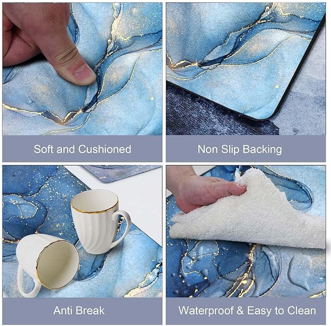 Mrcrypos Set of 2 Blue and Gold Marble Kitchen Mats PVC Leather Waterproof Non Slip Cushioned Standing Mats Anti Fatigue Kitchen Comfort Mats for Floor,Sink,Laundry,Office 17"x29"+17"x47"