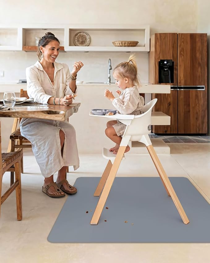 Blissful Diary Baby Splat Mat for Under High Chair, 50.4 x 50.4 Inch Wipeable Splash Mat, Waterproof and Washable, Anti-Slip Floor Protector, Gray