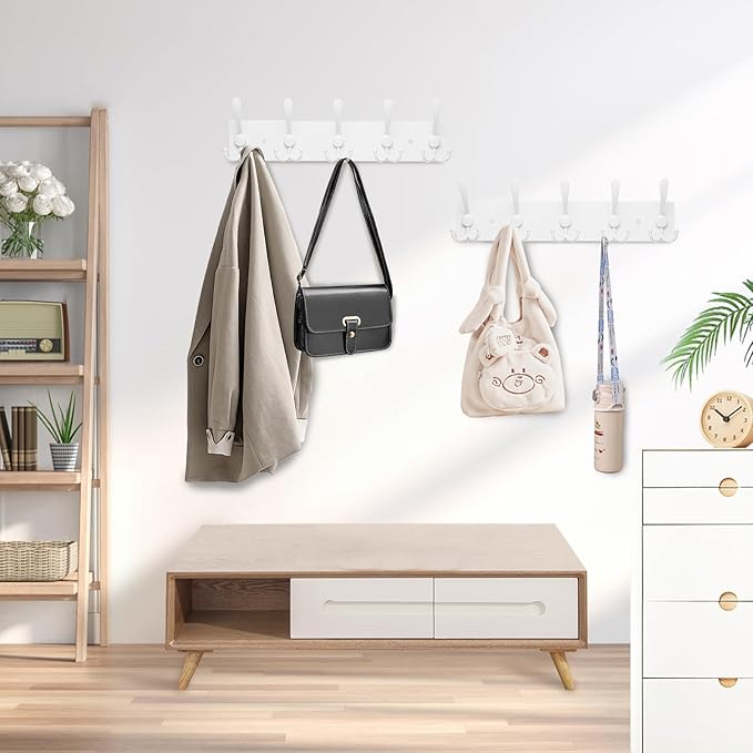Kuhome 2pcs Coat Rack Wall Mount Coat Hooks Wooden Hat Rack for Wall Hooks Pine Real Wood Plank 16.9" White Coat Hanger with 5 White Triple Hooks for Hanging Coat Hat Jacket