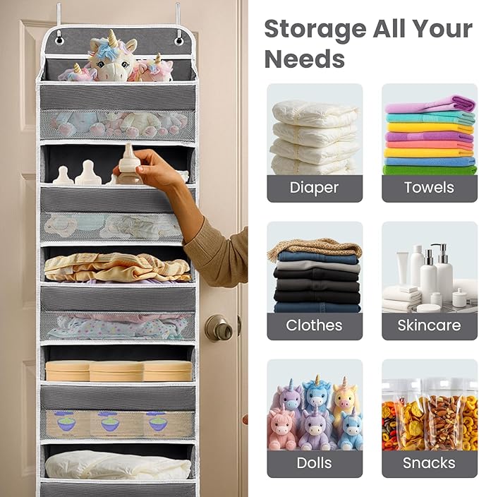 Easy Assembly Over The Door Organizer, 5 Shelves& 8 Side Pockets, Heavy-Duty Reinforced Mesh Rack Holds 44lb, Hanging Behind Door Storage for Bathroom Pantry, Nursery, Closet, Shoes, Towels- Dark Grey