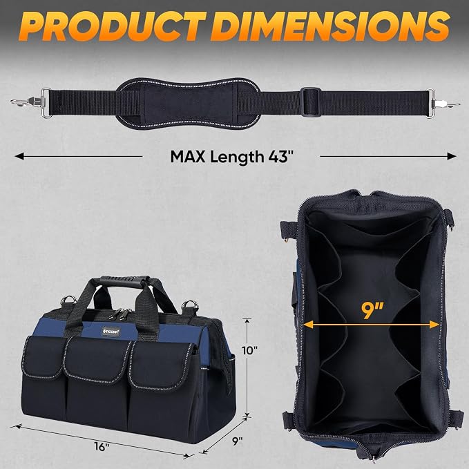 TICONN Heavy Duty Tool Bag with Multi-Pockets, Portable Tool Box Organizer Storage Bag, with Adjustable Shoulder Strap and Ergonomic Handle (Blue, 16" Standard Base)