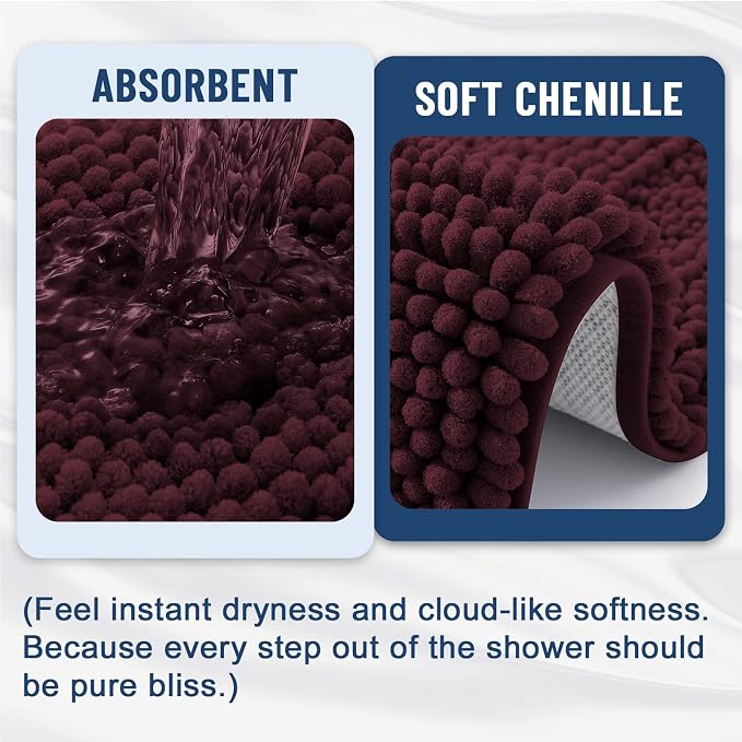 Grandaily Chenille Striped Bathroom Rugs 30x20, Extra Thick and Soft Absorbent Bath Mats, Rubber Backing, Plush Shaggy Shower Carpet, Machine Wash Dry, Bath Rug for Bathroom, Black Cherry