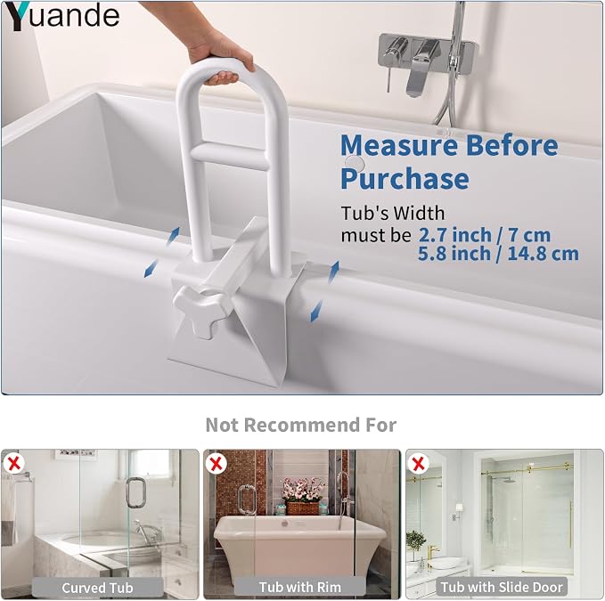 Adjustable Bathtub Safety Rail, YuanDe 17 x 6 Inch Stainless Steel Tub Handle Grab Bar, Heavy-Duty Clamp-On Bath Handle for Elderly Seniors, Disabled & Injury Recovery (300 lbs), White