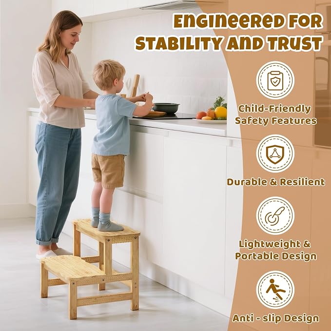 COSYLAND Step Stool for Toddlers - Two Step Stools Toddler 300 lbs Capacity with Safety Non-Slip Design, Natural Step Stool for Bathroom, Kitchen Dual Height Step Stools for Kids Natural