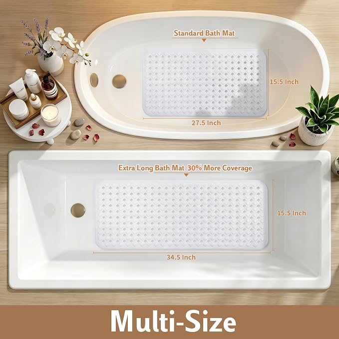 Yimobra Bathtub Mat Non Slip, 35"X16" Shower Mat with Strong Suction Cups & Drain Holes, Long Anti Slip Bath Tub Mat for Inside Shower, Machine Washable Fast Drying, Bathroom Essentials, White