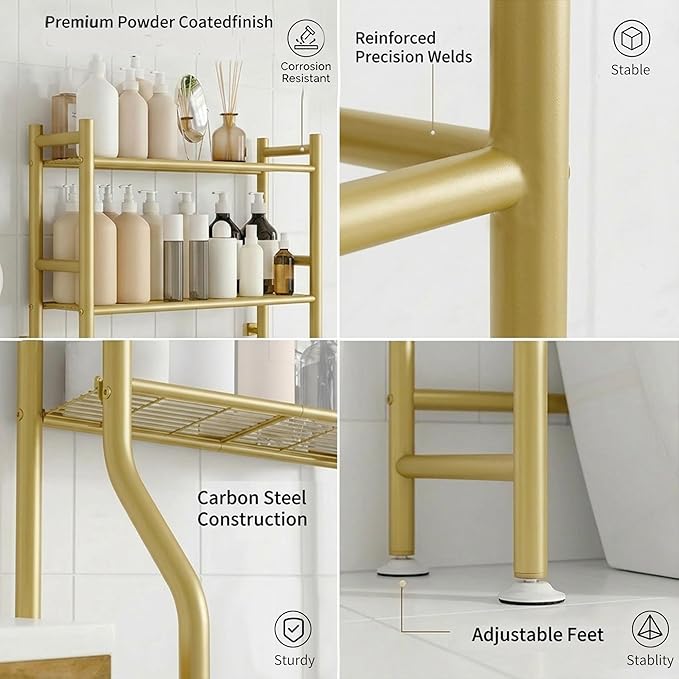 GloTika 3-Tier Over Toilet Storage with Anti-Tilt Safety System - 150lb Total Capacity Metal Bathroom Shelves Including Paper Holder & 4 Hooks, Space Saving Above Commode Organizer (64" H, Gold)