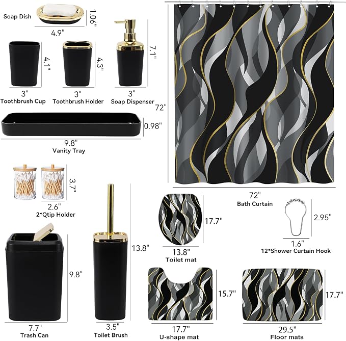 XLHOMO Bathroom Set - Black and Gold Bathroom Accessories, Bathroom Sets with Shower Curtain and Rugs, Black Shower Curtain Set with Bathroom Trash Can, Soap Dispenser, Soap Dish for Home Decor