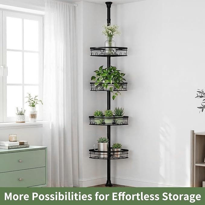 KEGII Corner Shower Caddy Tension Pole, 4-Tier Large Capacity Shower Shelves, Adjustable 52-114.2 Inch No-Drill Rustproof Corner Bathroom Organizer with Towel Bar, Hooks & Razor Holder, Black