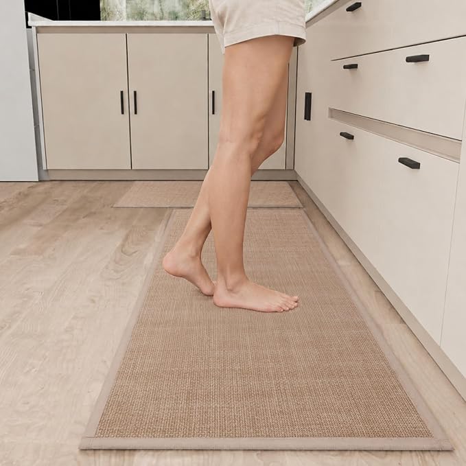 SUMLANS Kitchen Mat Set of 2 PCS, Cushioned Non Slip Rugs for Kitchen Floor, Absorbent Runner Comfort Standing Mats Washable for Kitchen, Office, Home (Camel, 17.3"x47"+17.3"x30")