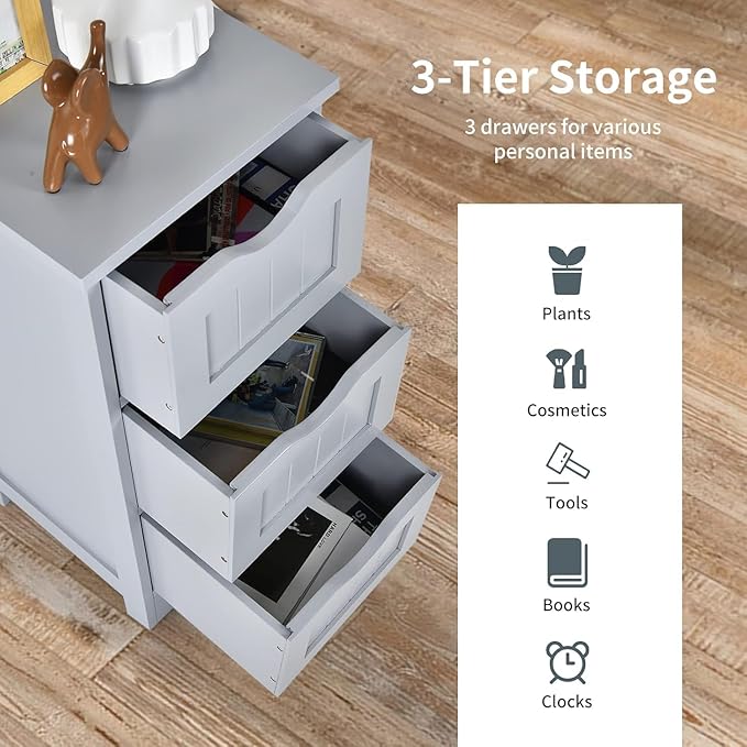 Floor Cabinet with 3 Removable Drawers & Anti-Toppling Device, Small Bathroom Storage Cabinet for Bathroom Home Office Living Room Bedroom(Grey)